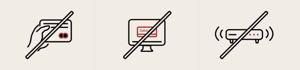 Telewizor LG 43QNED70A6A oglądanie bez opłat i umów, przekreślone loga karty płatniczej, subskrybcji oraz tunera