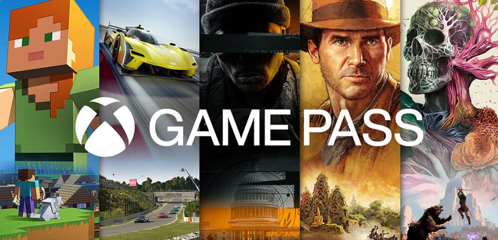 Telewizor LG 43QNED70A6A Game Pass Ultimate gry premiera, logo game pass xbox z pięcioma kafelkami z gier