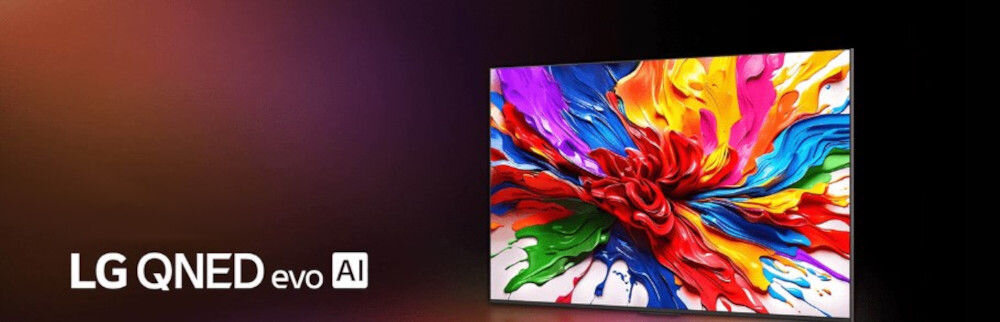 Telewizor LG 65QNED93A6A QNED evo AI realistyczne kolory analiza treści, telewizor po skosie na ciemnym tle z logiem LG QNED evo AI