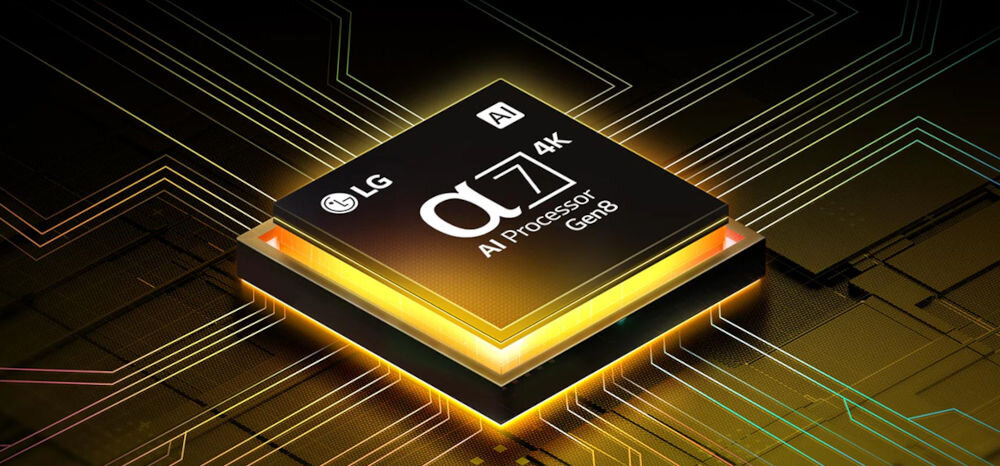 Telewizor LG 50QNED70A6A procesor alpha 7 AI Gen8 wyraźny obraz 4K, procesor na czarno złotym tle