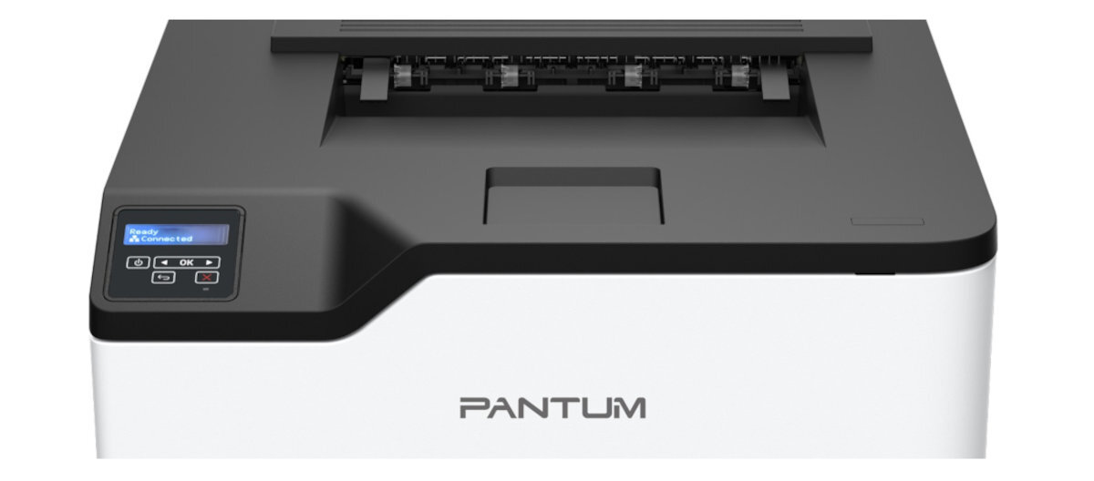 Drukarka PANTUM z widocznym panelem sterowania i logo producenta na przedniej części obudowy.