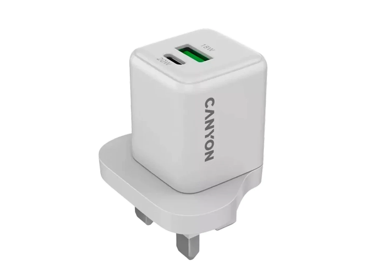 Biała ładowarka sieciowa z dwoma portami, oznaczona napisem \'CANYON\'. Widoczne oznaczenia \'20W\' i \'18W\' przy portach.