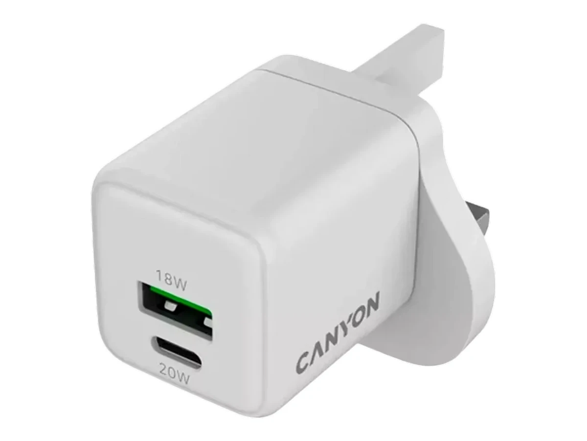 Biała ładowarka sieciowa z dwoma portami: USB oznaczonym jako 18W i USB-C oznaczonym jako 20W. Na obudowie widoczne jest logo \'CANYON\'.