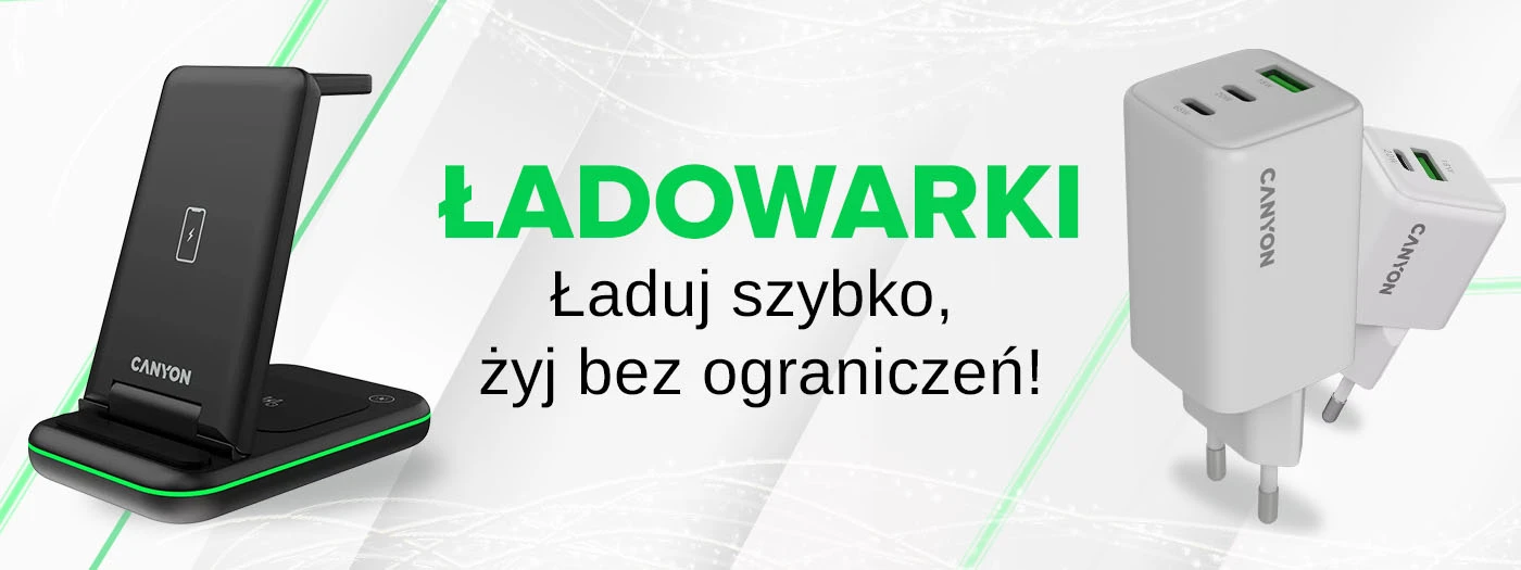 Obraz przedstawia czarną ładowarkę stojącą z logo \'CANYON\' oraz dwie białe ładowarki z widocznymi portami USB i napisem \'CANYON\'. Tekst na obrazie: \'ŁADOWARKI Ładuj szybko, żyj bez ograniczeń!\'.