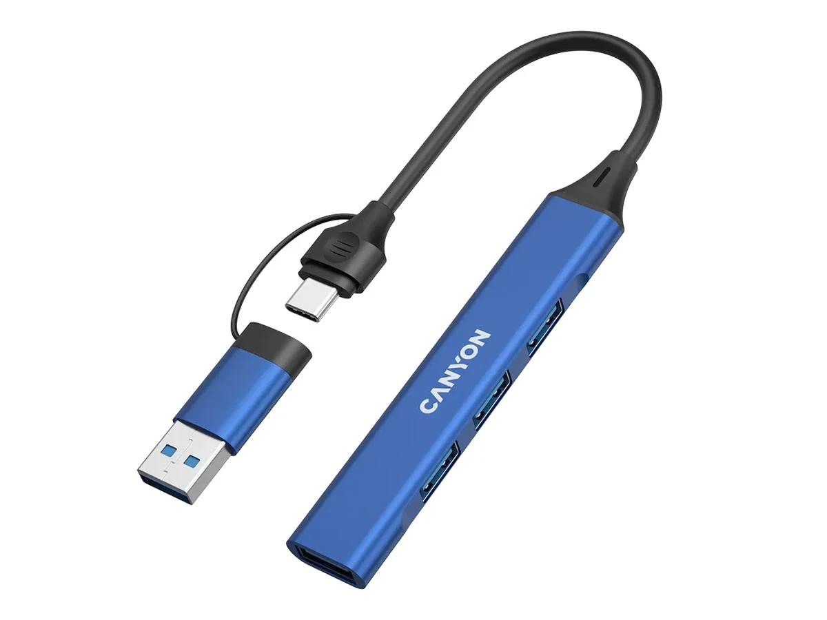 Na obrazie widoczny jest niebieski hub USB z logo \'CANYON\', posiadający kilka portów USB oraz kabel z końcówką USB-C.