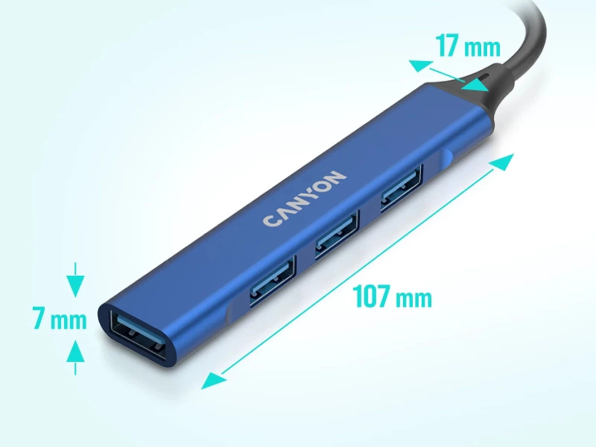 Niebieski hub USB z trzema portami, oznaczony logo \'CANYON\'. Wymiary urządzenia to 107 mm długości, 17 mm szerokości i 7 mm wysokości.