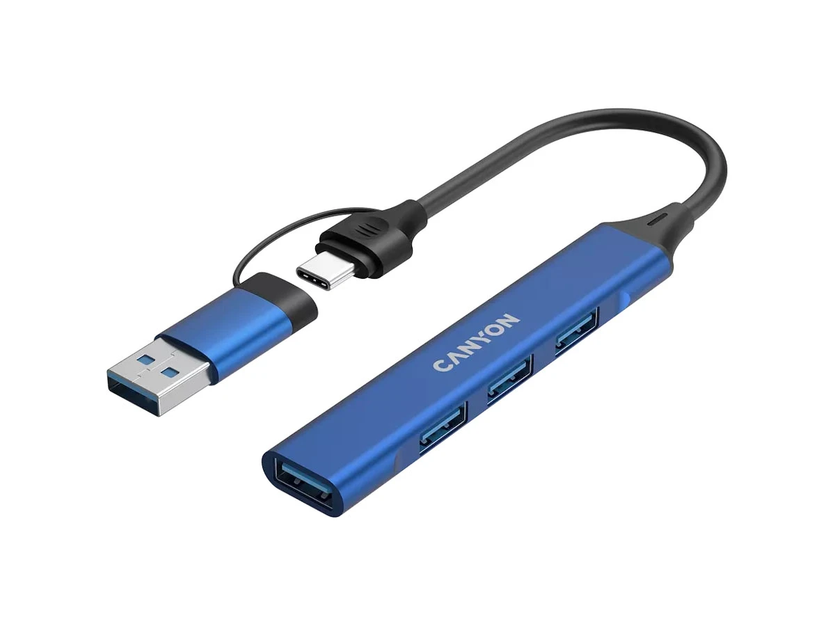 Na obrazie widoczny jest niebieski hub USB z trzema portami USB i logo \'CANYON\'. Hub posiada kable z końcówkami USB-A i USB-C.