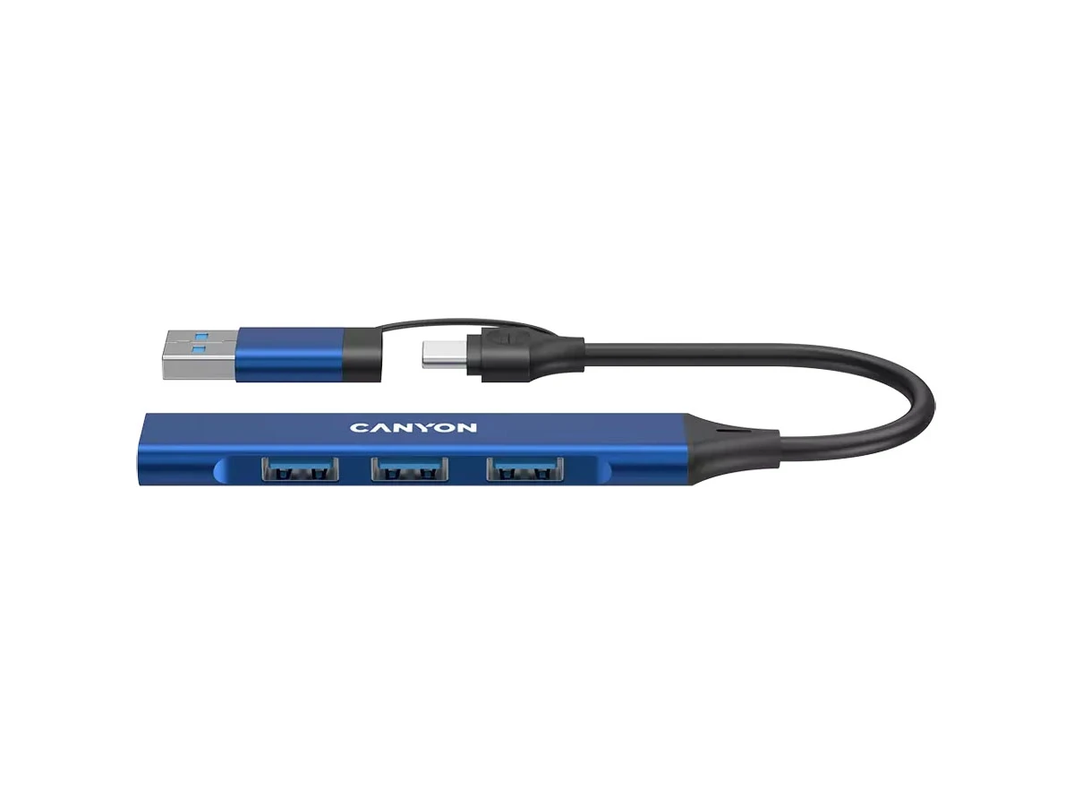 Niebieski hub USB z trzema portami USB i logo \'CANYON\' na obudowie. Posiada kabel z końcówkami USB-A i USB-C.