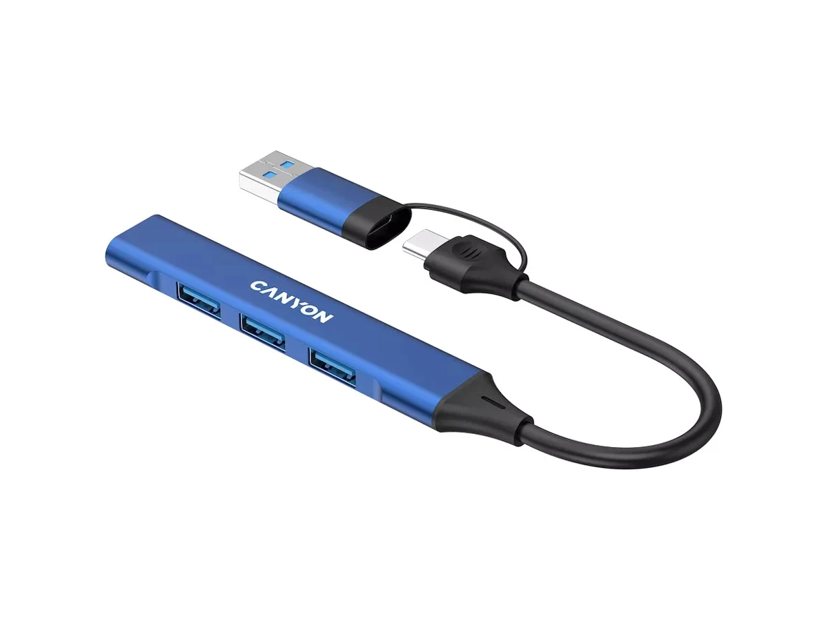 Niebieski hub USB z trzema portami USB i napisem \'CANYON\' na obudowie. Kabel zakończony wtykiem USB-C oraz adapterem USB-A.