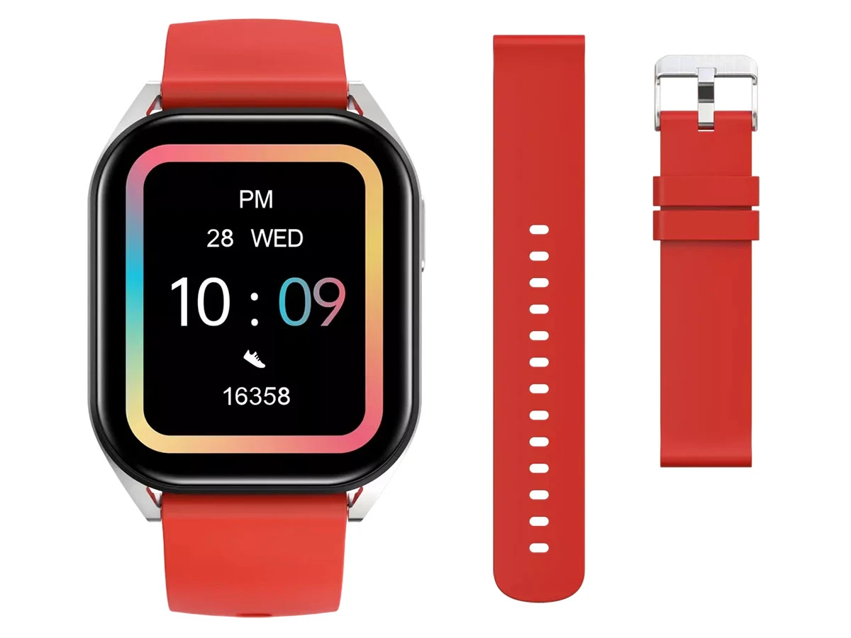 Smartwatch z czerwonym paskiem i srebrną kopertą, wyświetlający godzinę 10:09, datę 28 WED oraz liczbę kroków 16358. Obok zegarka widoczny jest dodatkowy czerwony pasek z zapięciem.