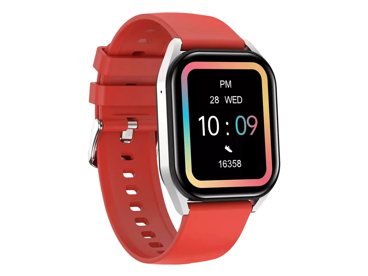 Smartwatch z czerwoną opaską i srebrną kopertą, wyświetlający godzinę 10:09, datę 28 WED oraz liczbę kroków 16358 na kolorowym ekranie.