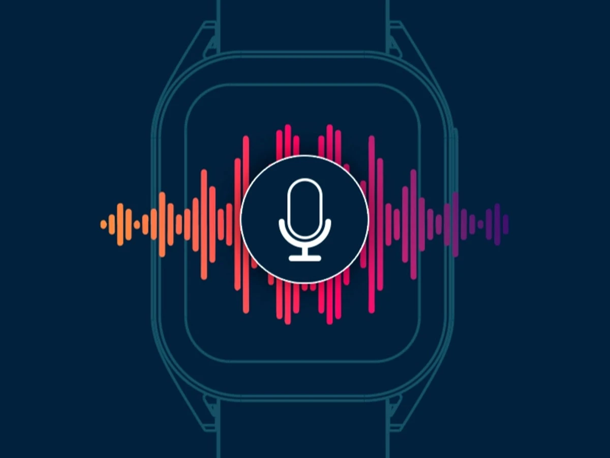 Grafika przedstawia smartwatch z ikoną mikrofonu na ekranie, otoczoną kolorowymi falami dźwiękowymi w odcieniach pomarańczowego i różowego. Tło jest ciemnoniebieskie.