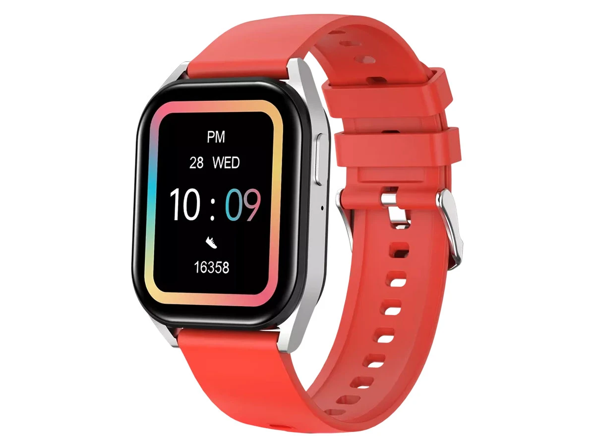 Smartwatch z prostokątnym wyświetlaczem, srebrną kopertą i czerwonym paskiem. Na ekranie widoczna jest godzina 10:09, data 28 WED oraz liczba 16358.