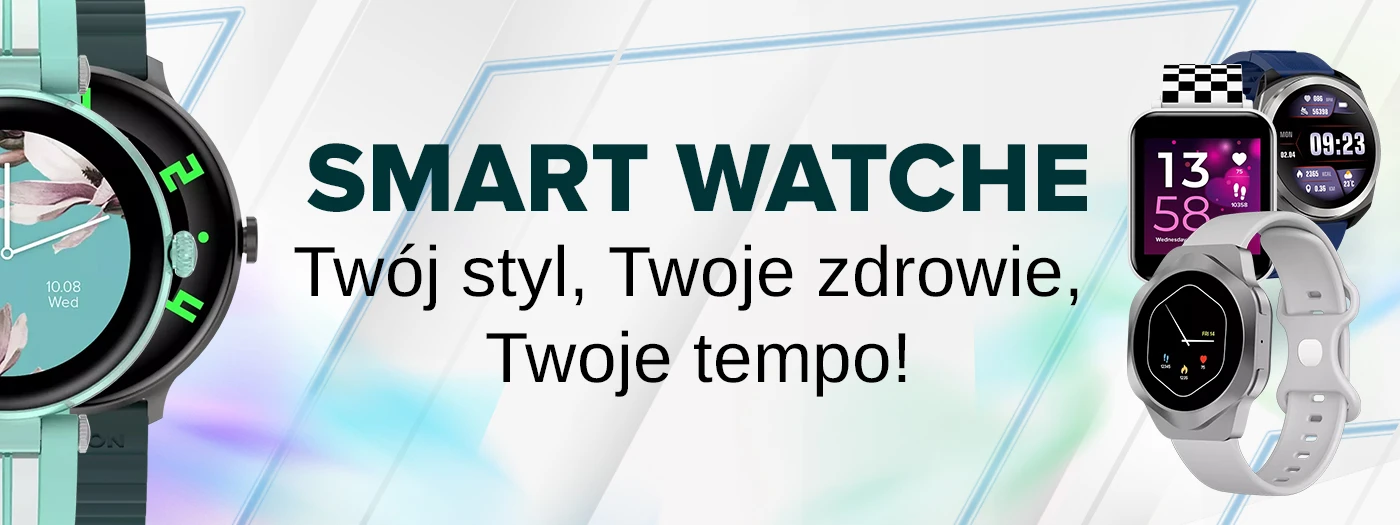 Obraz przedstawia kilka modeli smartwatchy na tle z napisem: \'SMART WATCHE Twój styl, Twoje zdrowie, Twoje tempo!\'. Zegarki mają różne kształty i kolory, a na ich wyświetlaczach widoczne są różne tarcze i informacje.