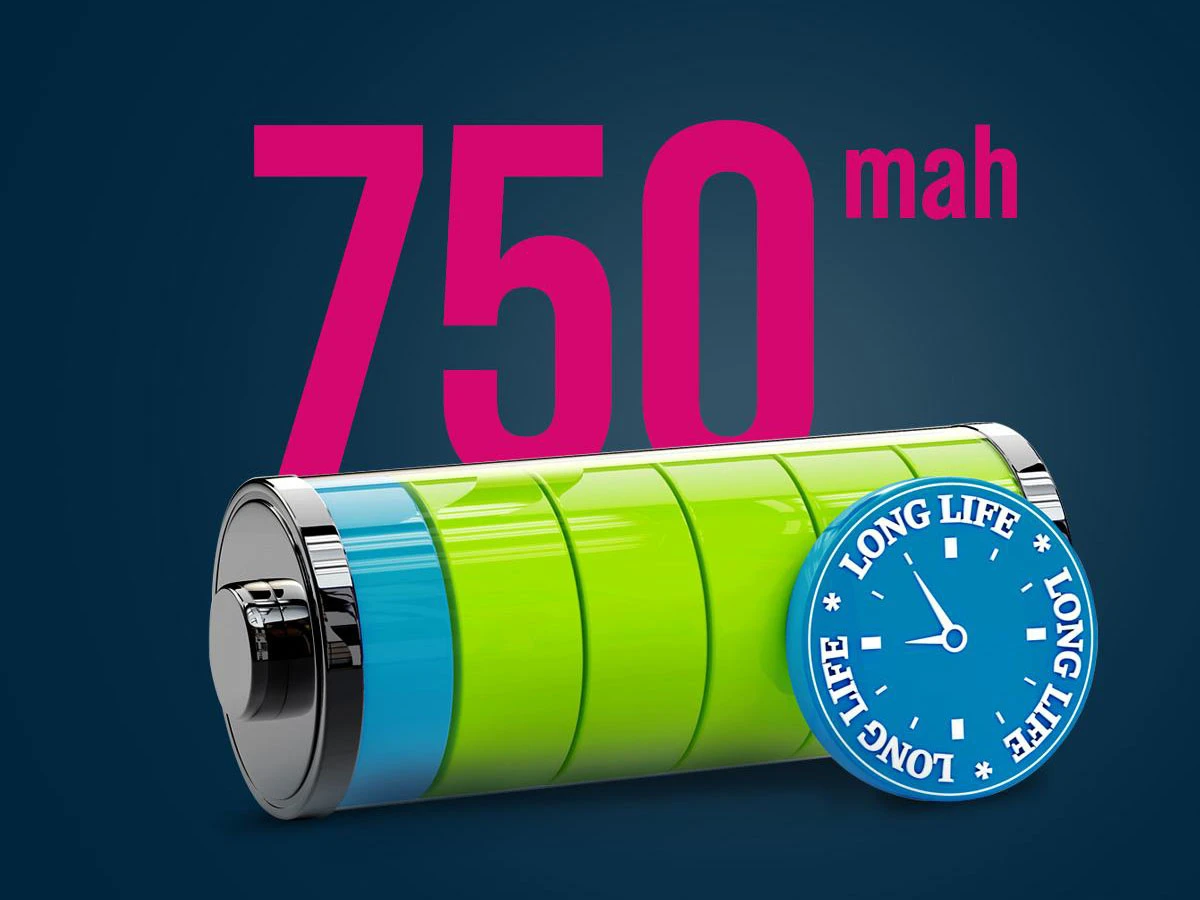 Obraz przedstawia dużą, zieloną baterię z niebieskim paskiem na jednym końcu. Nad baterią widnieje tekst \'750 mah\', a obok znajduje się niebieska tarcza zegara z napisem \'LONG LIFE\'.