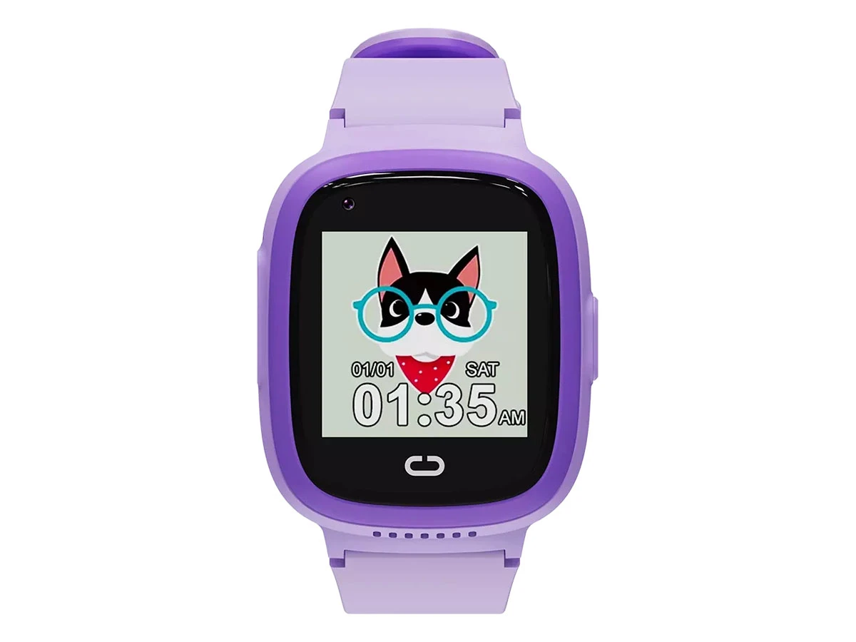 Fioletowy smartwatch z wyświetlaczem pokazującym grafikę psa w okularach oraz czas 01:35 AM i datę 01/01 SAT. Pasek zegarka jest również fioletowy.