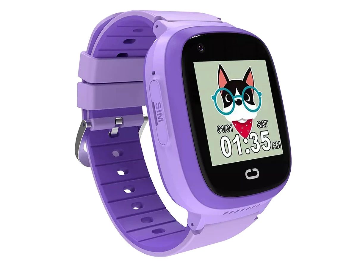 Fioletowy smartwatch z wyświetlaczem pokazującym grafikę psa w okularach oraz godzinę 01:35 AM. Na pasku widoczny jest napis \'SIM\'.