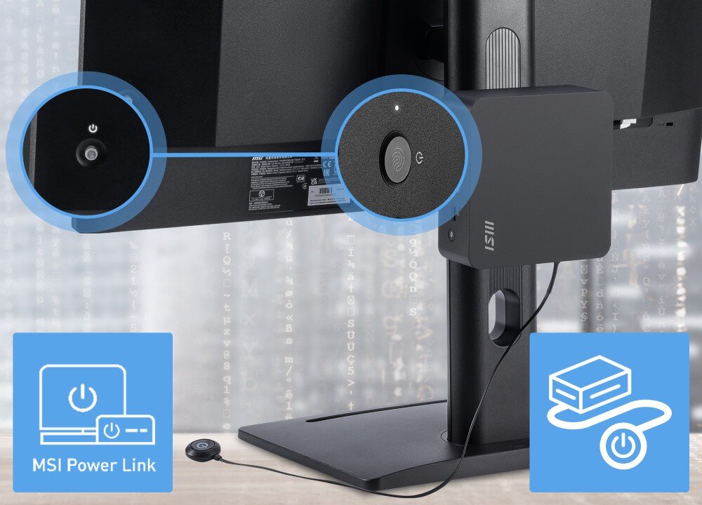 Komputer MSI Cubi NUC AI+ 2MG-007EU Komputer zamontowany z tyłu monitora, połączony przewodem z przyciskiem włączania, obok widoczne są grafiki przedstawiające funkcję 'MSI Power Link', zasilanie, oprogramowanie