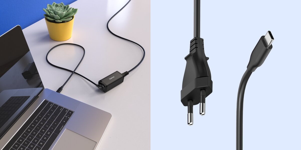 Ładowarka Hama USB-C podłączona do laptopa na biurku (z lewej), z prawej zbliżenie na wtyczkę europejską i złącze USB-C.