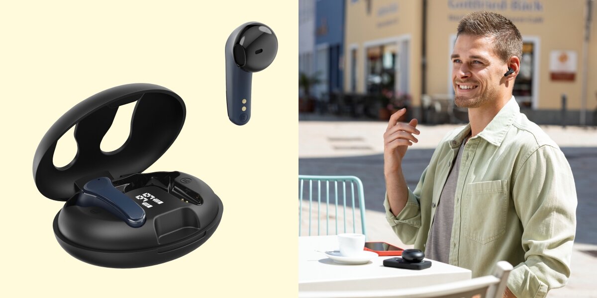 Słuchawki douszne HAMA Spirit Unchained - Wysoka jakość rozmów, ENC, mikrofon, TWS, osoba siedząca przy stoliku na dworzu