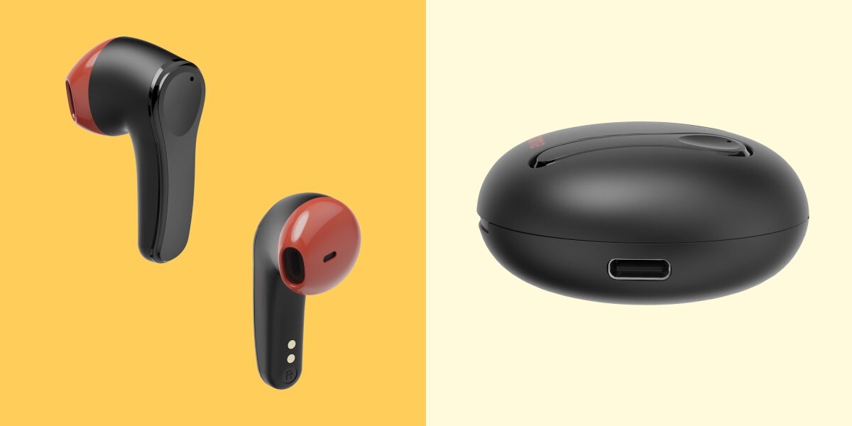 Słuchawki douszne HAMA Spirit Unchained - Prosta obsługa, sterowanie dotykowe, siri, asystent Google, słuchawki na żółtym tle, etui na białym tle