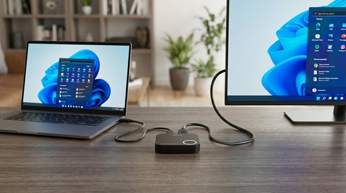 Na drewnianym stole znajduje się czarny transmiter HDMI podłączony do laptopa i monitora. Na ekranach widoczny jest system operacyjny z ikonami aplikacji.