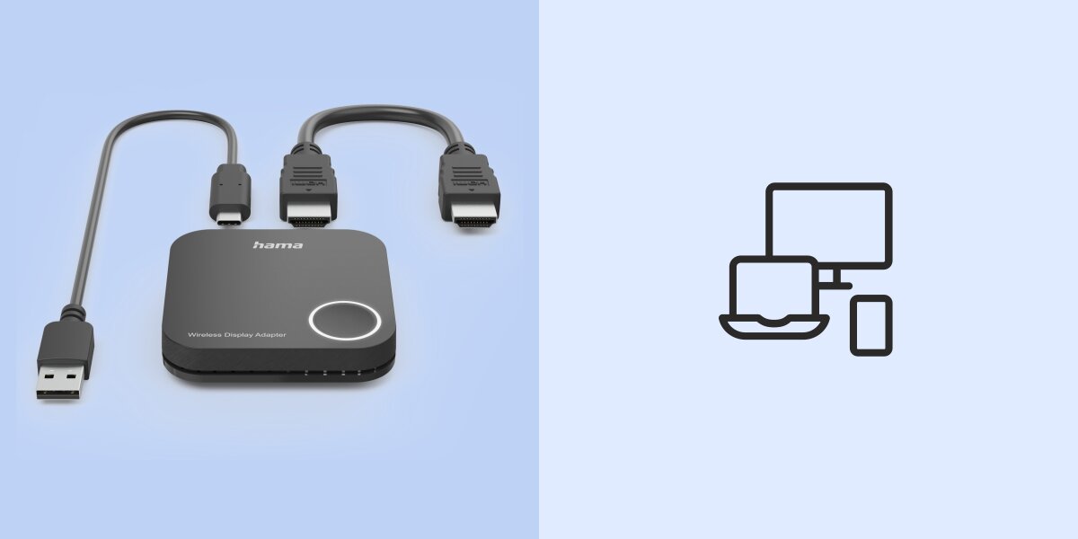 Na obrazie znajduje się czarny transmiter HDMI z logo \'hama\' oraz dwoma kablami HDMI i jednym USB. Obok widoczna jest ikona przedstawiająca laptop, monitor i smartfon połączone ze sobą.