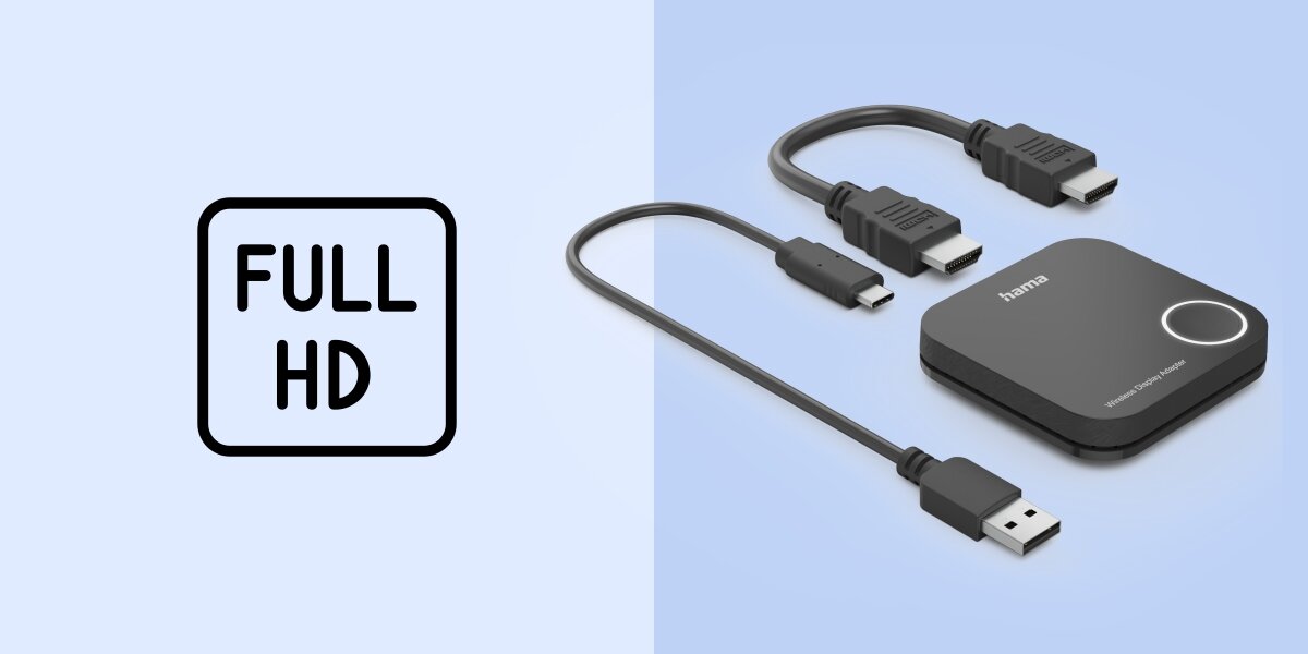 Obraz przedstawia czarny transmiter HDMI z logo \'hama\' oraz napisem \'Wireless HDMI Transmitter\'. Obok znajduje się symbol \'FULL HD\'.
