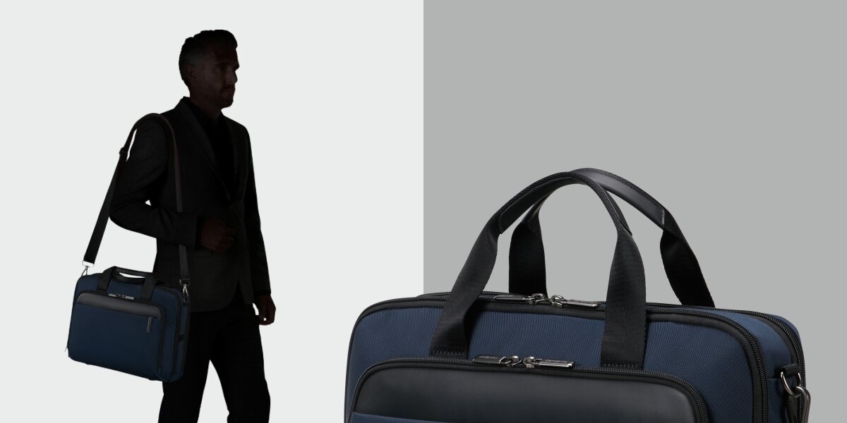 SAMSONITE Bailhandle Evosight pojemności 17 l regulowanym paskiem na ramię uchwytami do ręki Smart Sleeve uchwyt walizki - paski torby oraz sylwetka człowieka