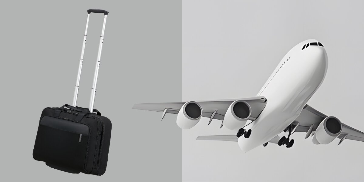 SAMSONITE Evosight czarnym minimalistycznemu wzornictwu solidnemu wykonaniu - torba w kolorze czarnym obok samolot