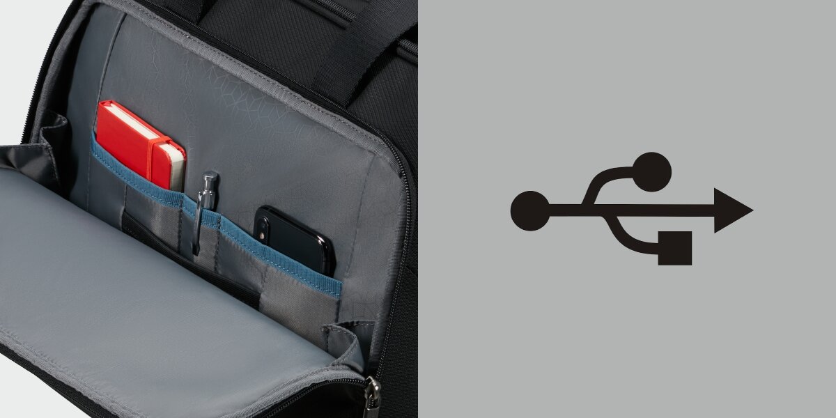 SAMSONITE Evosight zintegrowanemu portowi USB-A podłączyć własny powerbank we wnętrzu torby - torba od wewnątrz i logo usb