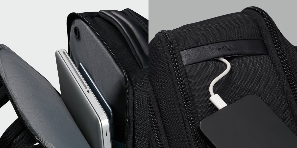 SAMSONITE Evosight oddzielne przegrody na laptop do 15.6 i tablet do 10.5 ładowanie urządzeń mobilnych port USB-A - plecak od środka w komorze głównej