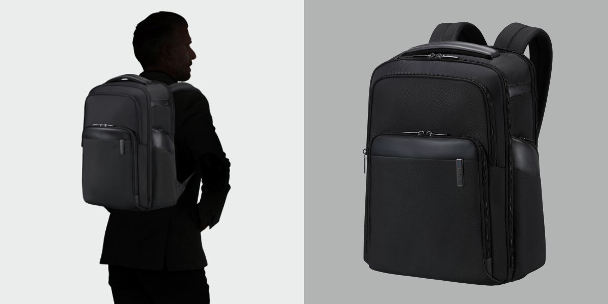 SAMSONITE Evosight wykonano w 100% z przetworzonego plastiku PET - plecak od przodu i na sylwetce człowieka