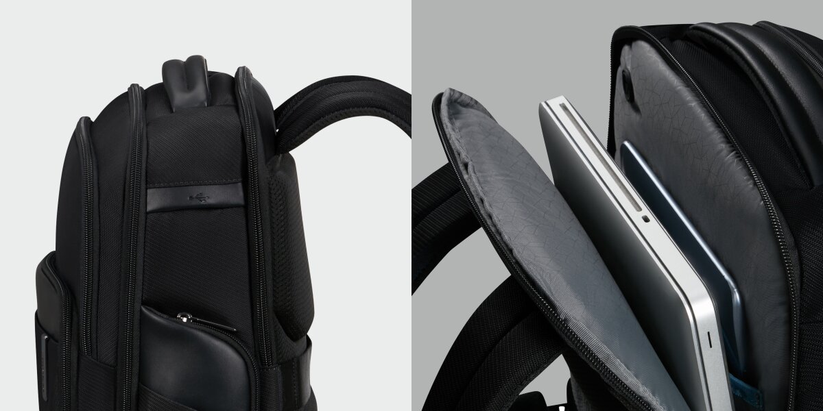 SAMSONITE Evosight oddzielne przegrody na laptop do 17.3 i tablet do 10.5 ładowanie urządzeń mobilnych port USB-A - plecak od środka w komorze głównej