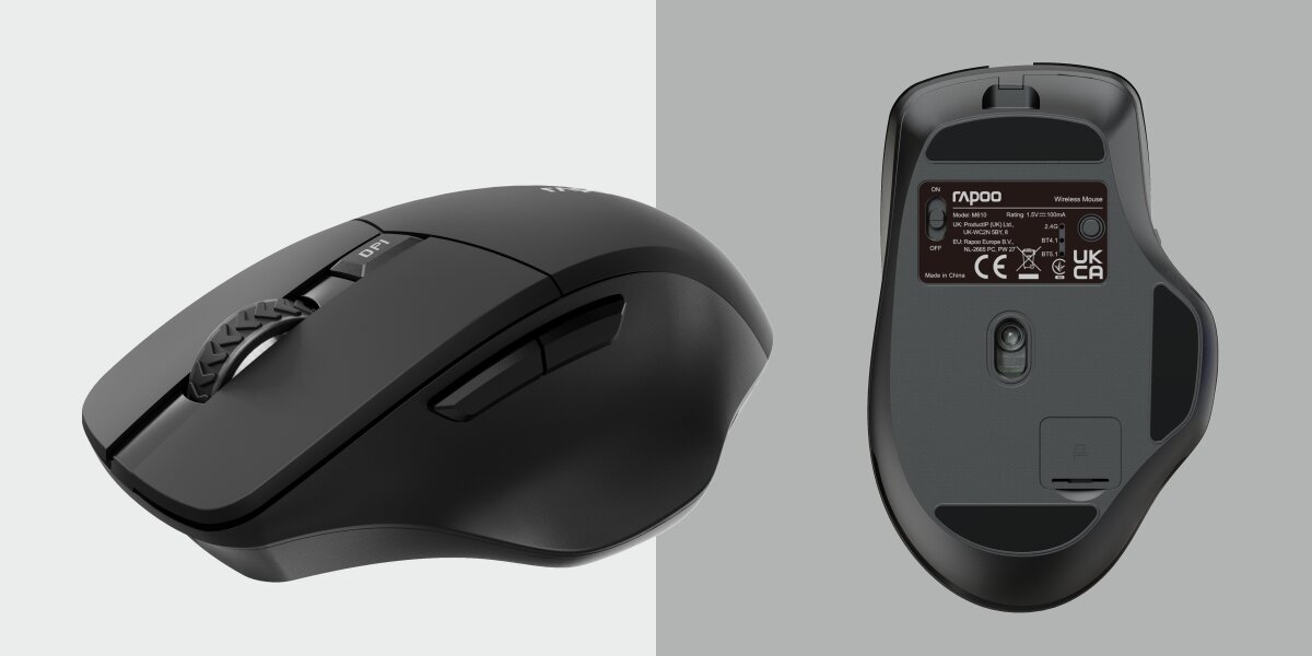 RAPOO M610 Bezprzewodowa mysz przełączanie między trzema urządzeniami Bluetooth 5.0 odbiornik USB-A 2.4 GHz - mysz od gory i od dolu