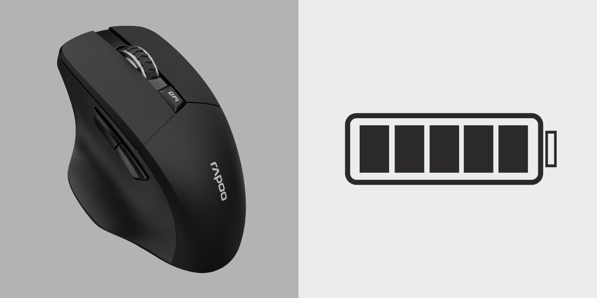 RAPOO M610 Wbudowana bateria litowa 500 mAh kabel USB-A/USB-C 6 przycisków funkcyjnych przełącznik On/Off - mysz od gory i ikonka baterii