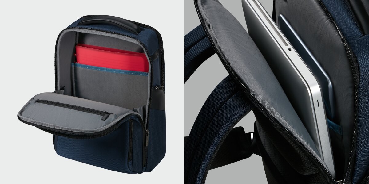 SAMSONITE Evosight oddzielne przegrody na laptop do 14.1 i tablet do 10.5 ładowanie urządzeń mobilnych port USB-A - plecak od środka w komorze głównej