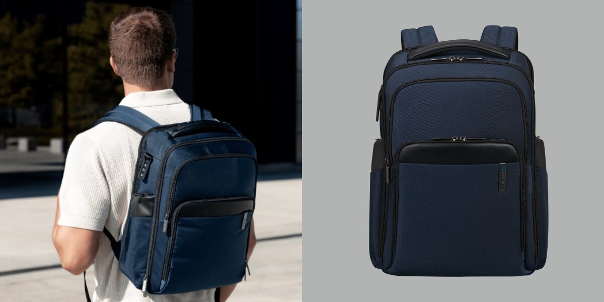 SAMSONITE Evosight wykonano w 100% z przetworzonego plastiku PET - plecak od przodu i na sylwetce człowieka