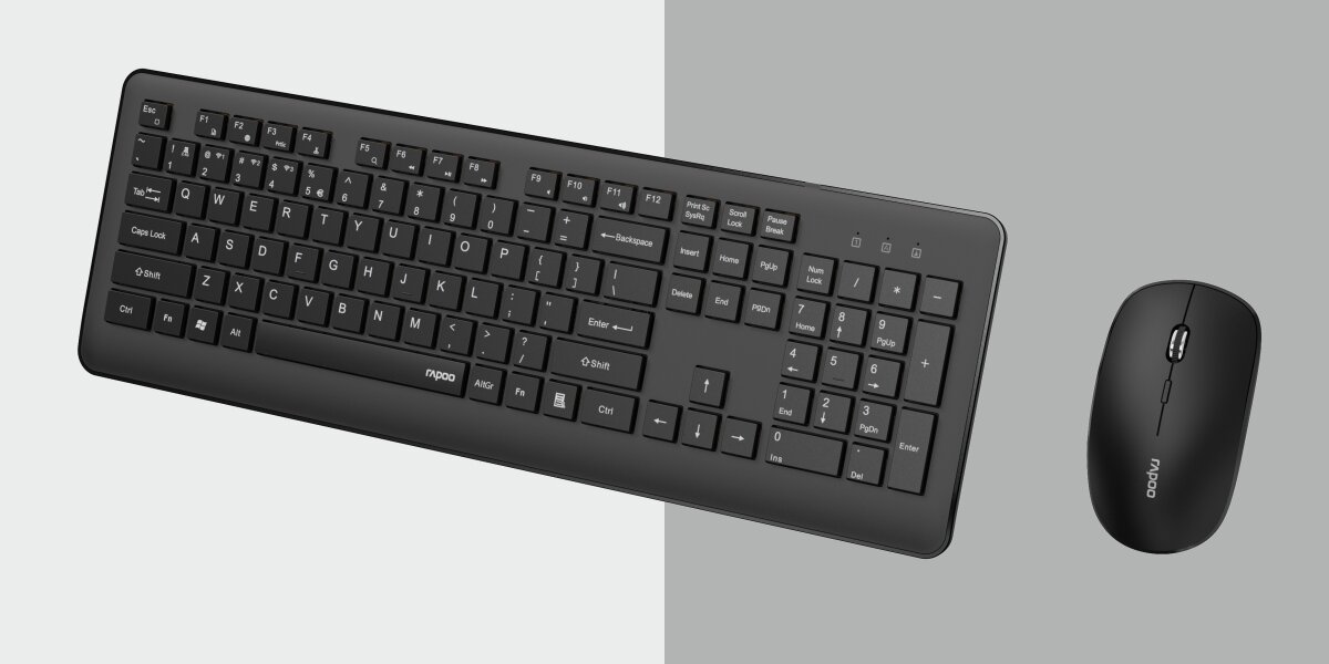 RAPOO Multi-Mode 8310M czterema urządzeniami Bluetooth 5.0 odbiornik USB-A 2.4 GHz jednym kliknięciem - klawiatura i mysz na jasnym tle