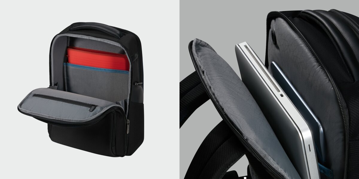 SAMSONITE Evosight oddzielne przegrody na laptop do 14.1 i tablet do 10.5 ładowanie urządzeń mobilnych port USB-A - plecak od środka w komorze głównej