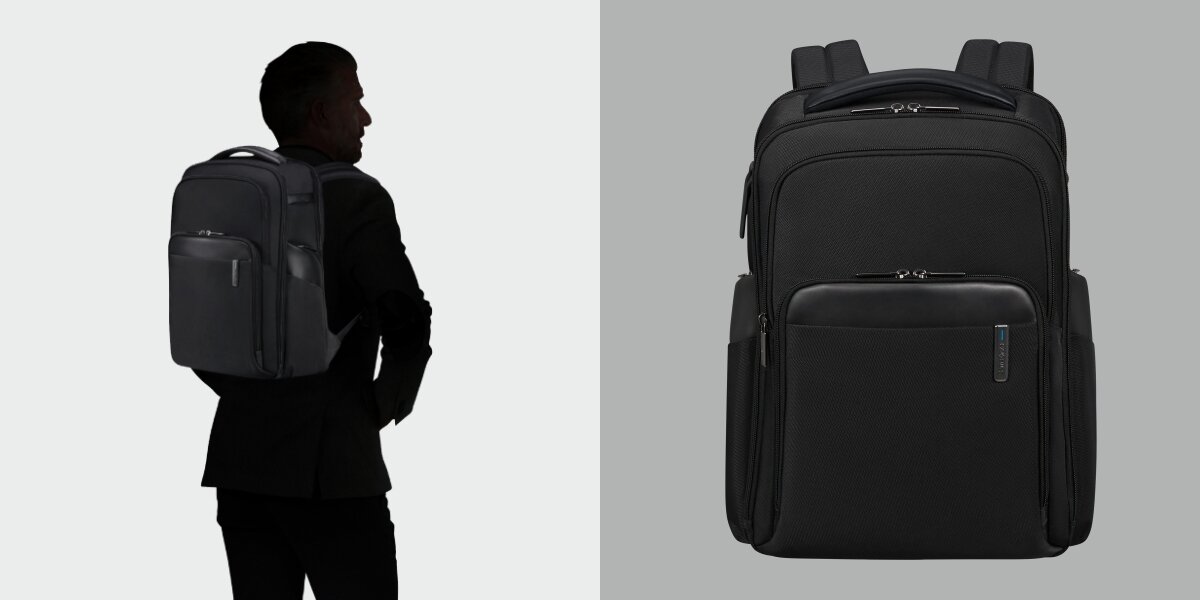 SAMSONITE Evosight wykonano w 100% z przetworzonego plastiku PET - plecak od przodu i na sylwetce człowieka