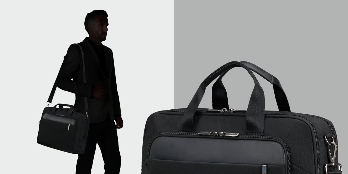 SAMSONITE Bailhandle Evosight pojemności 17 l regulowanym paskiem na ramię uchwytami do ręki Smart Sleeve uchwyt walizki - paski torby oraz sylwetka człowieka