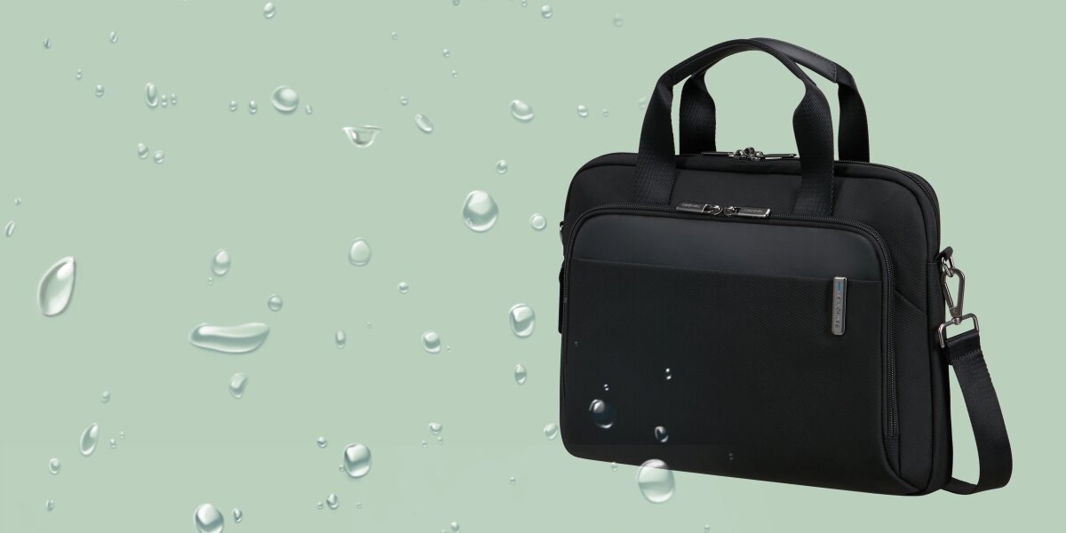 SAMSONITE Evosight Slim Bailhandle Wodoodporny materiał bez obaw o deszcz czy wilgoć - torba od boku oraz krople wody