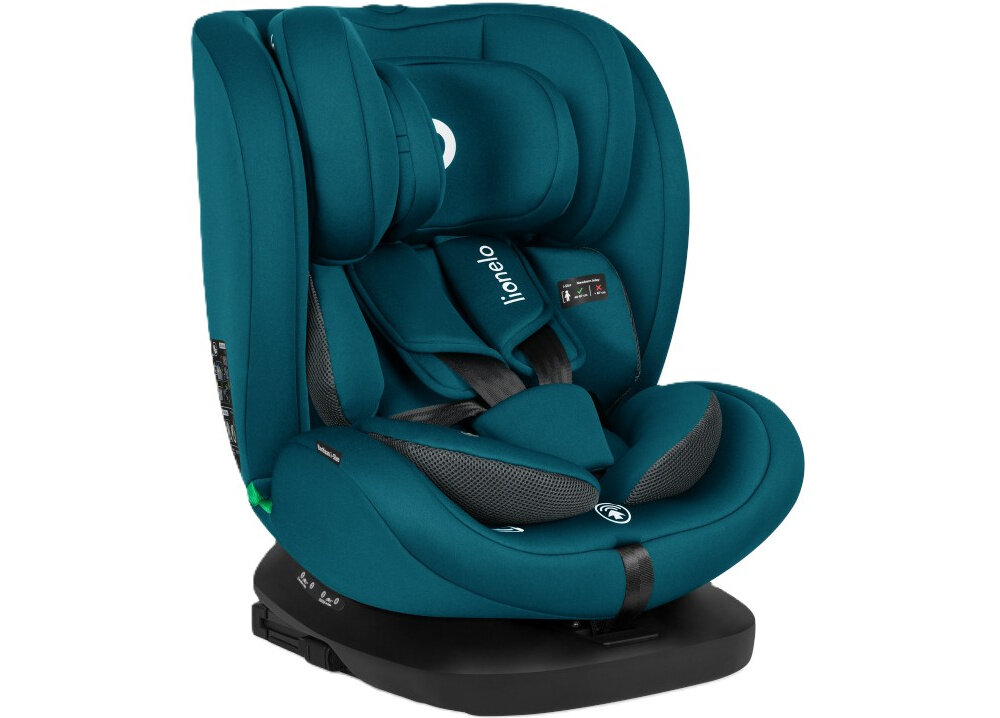 Fotelik samochodowy LIONELO Bastiaan i-Size 40-150 cm (0-36 kg) Niebieski fotelik na białym tle widoczny od przodu pod skosem do bezpiecznego i wygodnego przewożenia dziecka od 40 do 150 cm wzrostu i o wadze od 0 do 36 kg stabilne podparcie intuicyjne dopasowanie do różnych etapów rozwoju wbudowane systemy ochronne szeroki zakres regulacji