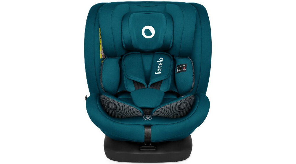 Fotelik samochodowy LIONELO Bastiaan i-Size 40-150 cm (0-36 kg) Niebieski fotelik na białym tle widoczny od przodu tapicerkę można odkurzać prać w pralce w 30°C łatwe czyszczenie fotelika