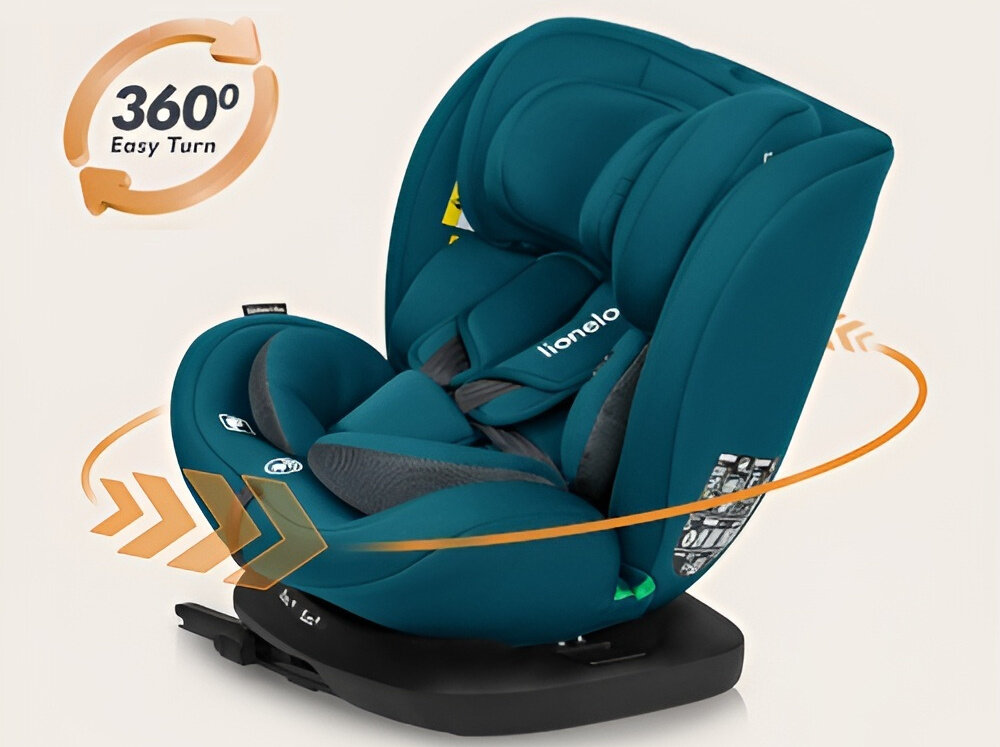 Fotelik samochodowy LIONELO Bastiaan i-Size 40-150 cm (0-36 kg) Niebieski fotelik na jasnym tle widoczny od przodu pod skosem na pomarańczowo zaznaczona możliwość obrotu system obrotowy EasyTurn 360° ułatwia sadzanie dziecka zapinanie pasów usprawnia codzienne korzystanie z fotelika płynny obrót pozwala szybko ustawić fotelik w oczekiwanym położeniu