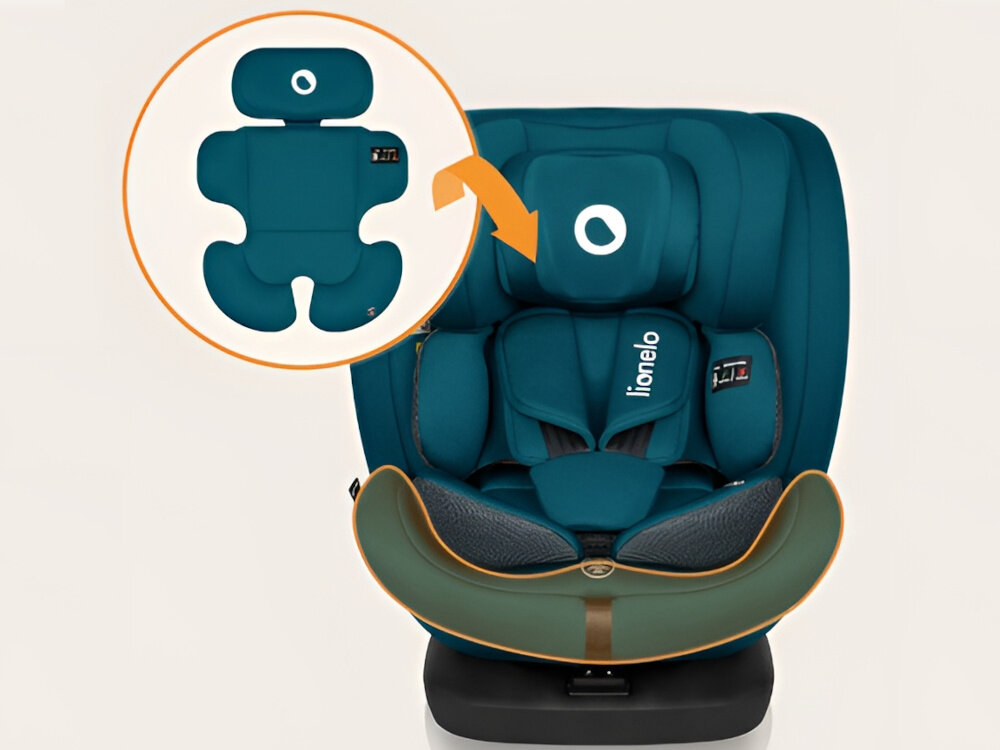 Fotelik samochodowy LIONELO Bastiaan i-Size 40-150 cm (0-36 kg) Niebieski fotelik na jasnym tle widoczny od przodu zbliżenie na wkładki wkładka redukcyjna wkładka lędźwiowa Dri-Seat poprawne ułożenie ciała odpowiednia cyrkulacja powietrza siedzisko z pianki EPE dla dzieci od pierwszych dni życia do około 10 lat
