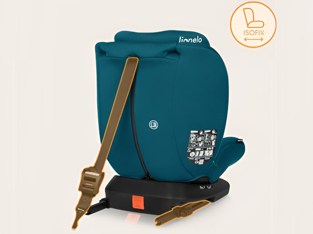 Fotelik samochodowy LIONELO Bastiaan i-Size 40-150 cm (0-36 kg) Niebieski fotelik na jasnym tle widoczny od tyłu zaznaczone na pomarańczowo systemu montażu system ISOFIX Top Tether szybki i prawidłowy montaż specjalne oznaczenia zmieniające kolor z czerwonego na zielony potwierdzają poprawne zapięcie możliwość montażu także pasami samochodowymi