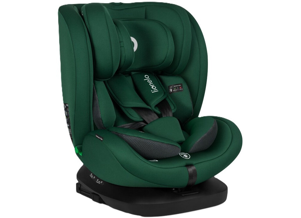 Fotelik samochodowy LIONELO Bastiaan i-Size 40-150 cm (0-36 kg) Zielony fotelik na białym tle widoczny od przodu pod skosem bezpieczeństwo wygoda fotelik na lata