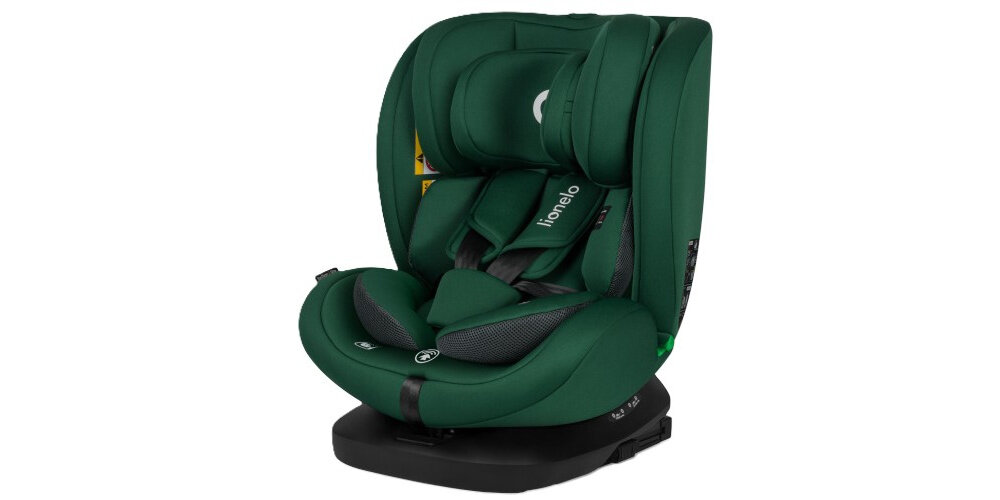 Fotelik samochodowy LIONELO Bastiaan i-Size 40-150 cm (0-36 kg) Zielony fotelik na białym tle widoczny od przodu pod skosem do bezpiecznego i wygodnego przewożenia dziecka od 40 do 150 cm wzrostu i o wadze od 0 do 36 kg stabilne podparcie intuicyjne dopasowanie do różnych etapów rozwoju wbudowane systemy ochronne szeroki zakres regulacji